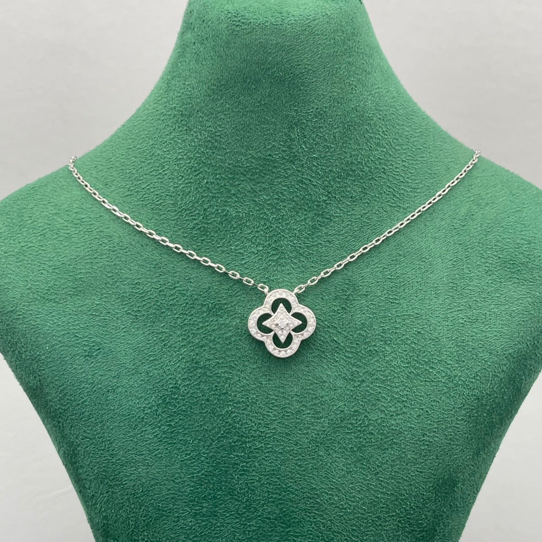 Pavé Cutout Four-Petal Flower & Star Pendant Necklace