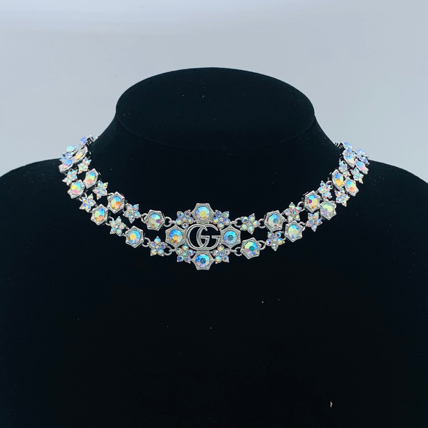 Vintage Aurora Crystal Flower Double Ring Logo Jewelry Set