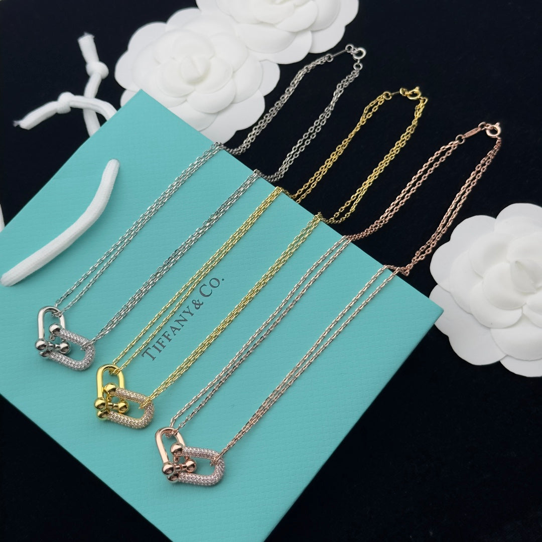 Pavé Crystal U-Shape Horseshoe Clasp Pendant Double Chain Necklace