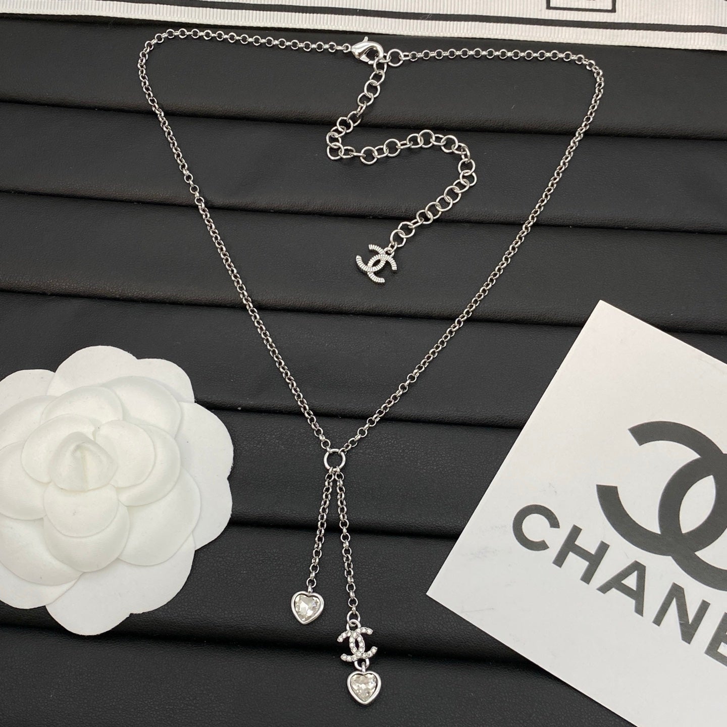 Double Heart & Crystal Logo Charm Lariat Necklace | Bezel Heart Drop | Gold & Silver Tone