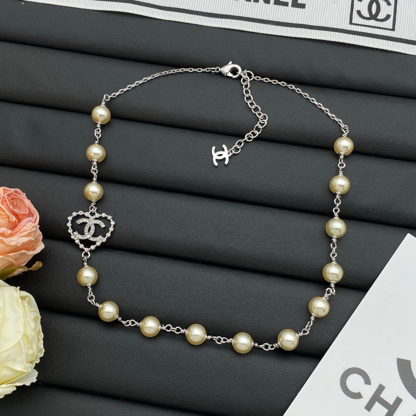 Faux Pearl Beaded Long Necklace with Crystal Heart Charm – Gold & Silver