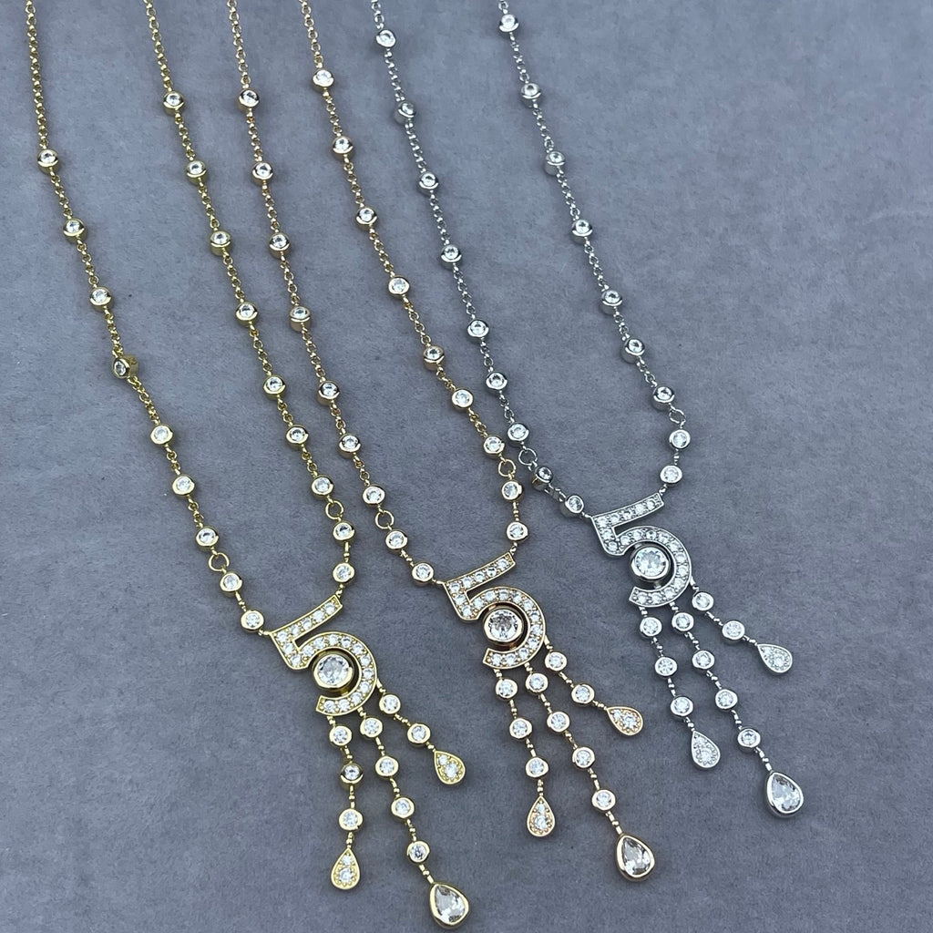 Crystal Bezel Station Chain Number Tassel Necklace