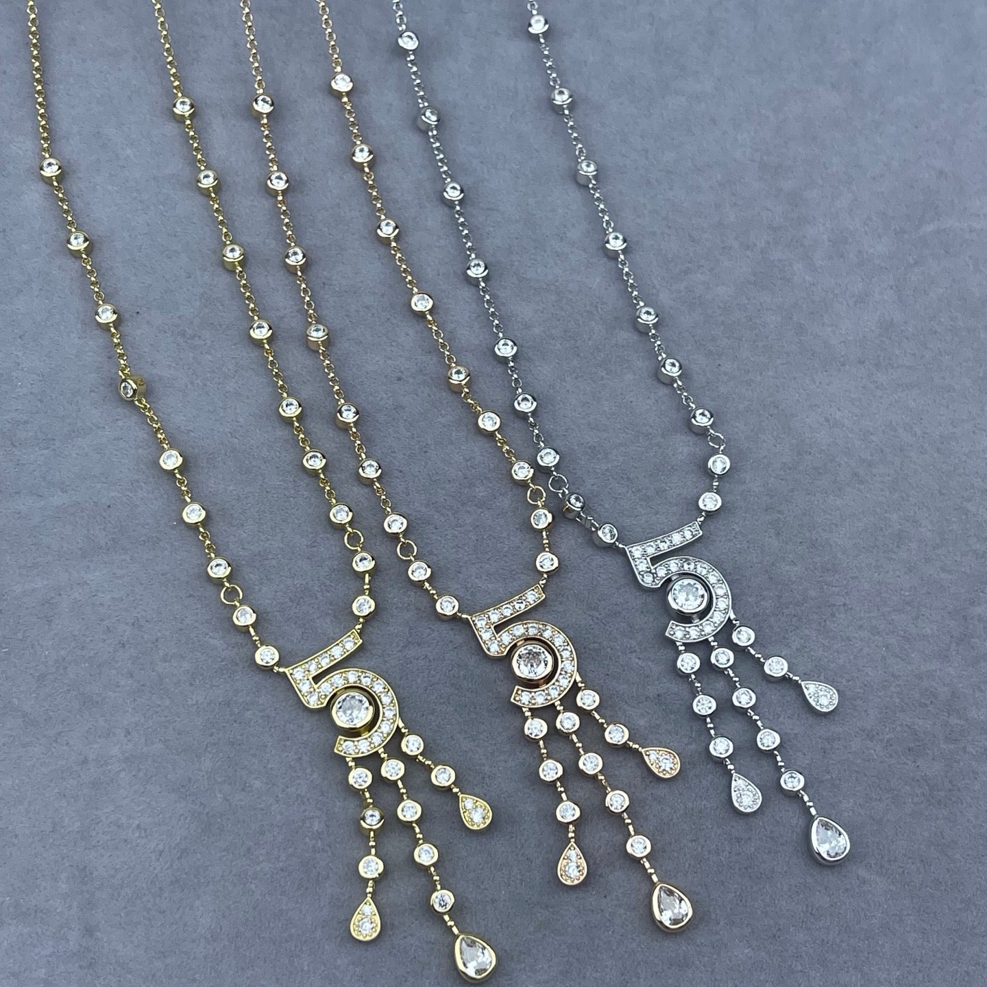 Crystal Bezel Station Chain Number Tassel Necklace