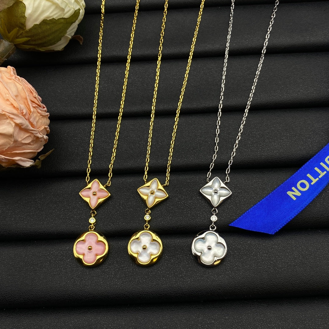 Mother of Pearl Shell Diamond & Round Double Drop Pendant Necklace