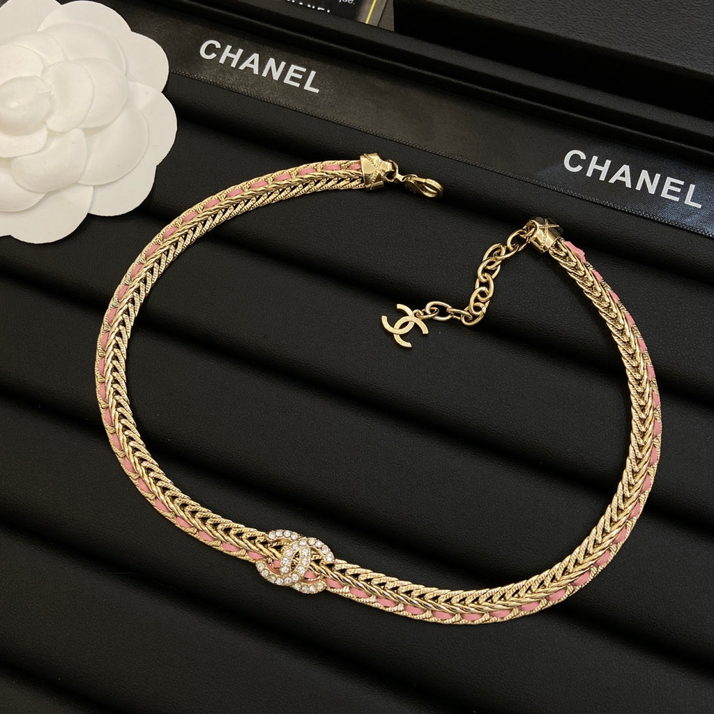 Pink Leather-Woven Herringbone Chain Jewelry Set