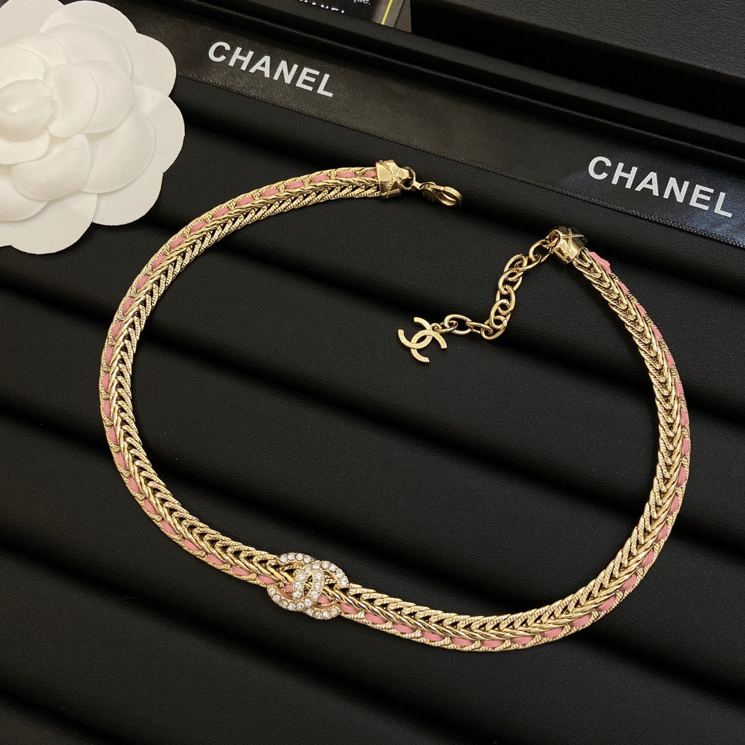 Pink Leather-Woven Herringbone Chain Jewelry Set