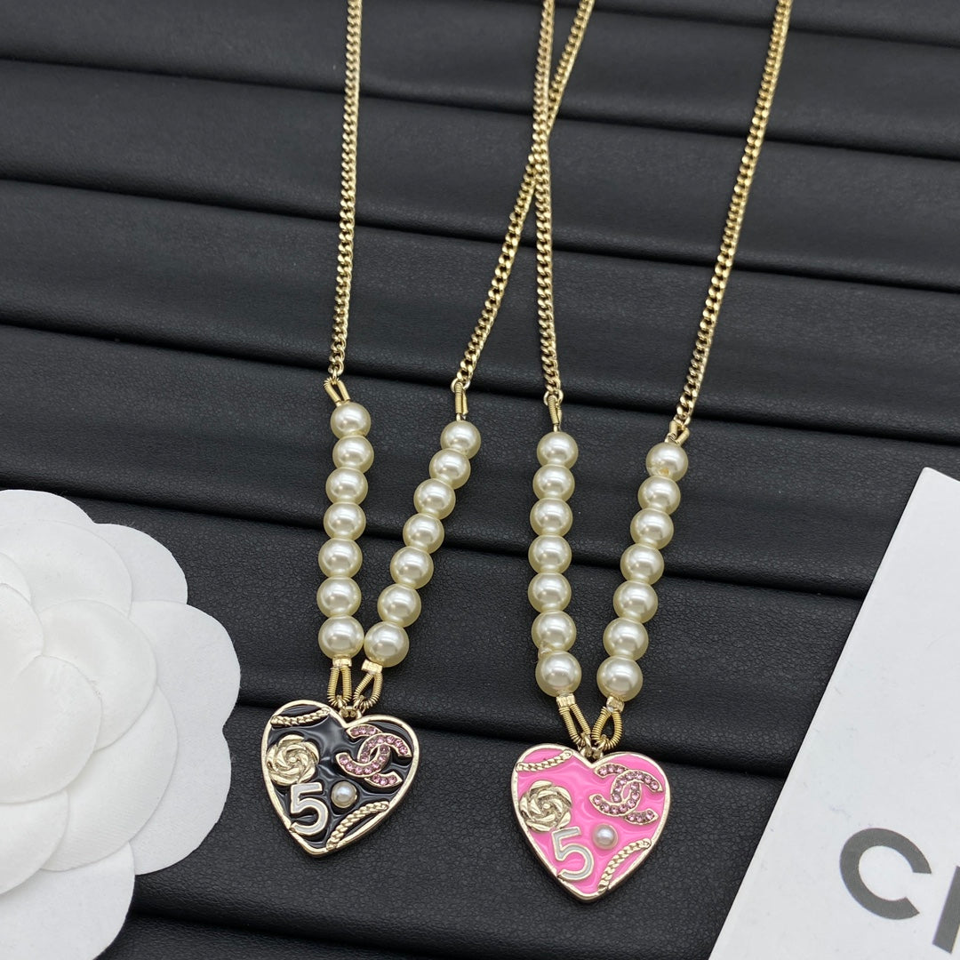 Enamel Heart No.5 CC Charm Pearl & Chain Long Necklace – Black & Pink