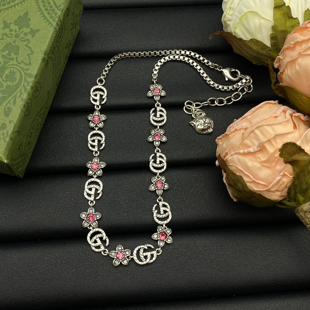 Vintage Pink Crystal Daisy Logo Full Jewelry Set