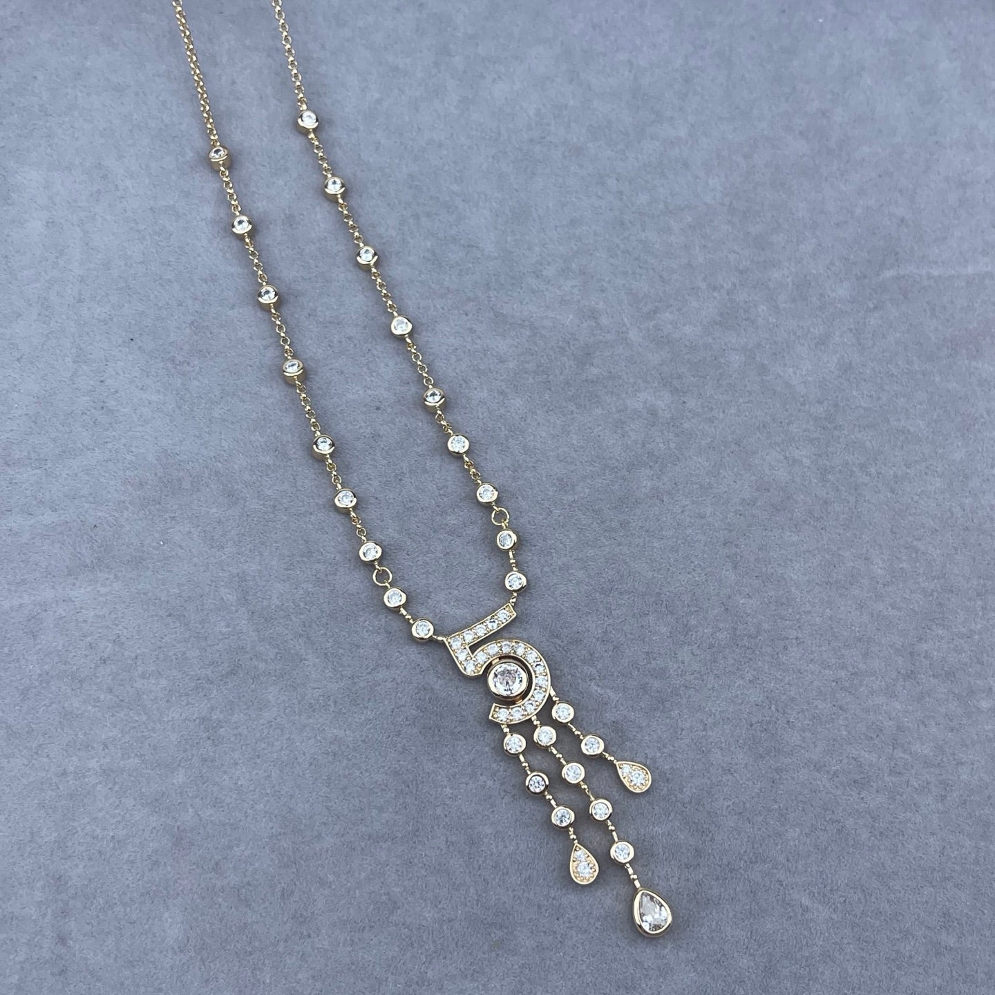 Crystal Bezel Station Chain Number Tassel Necklace