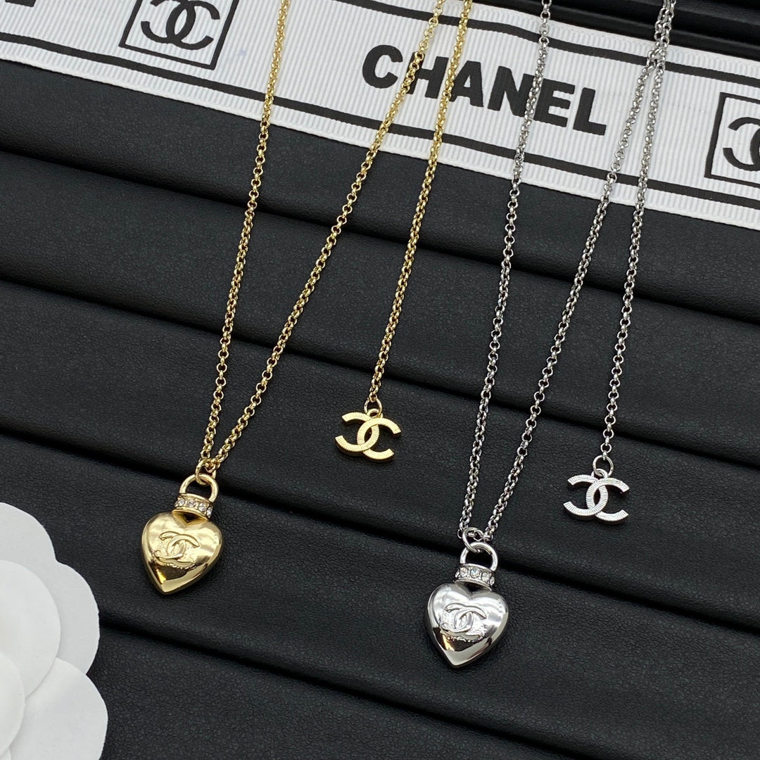 Puffy CC Heart Pendant Double Chain Necklace – Gold & Silver
