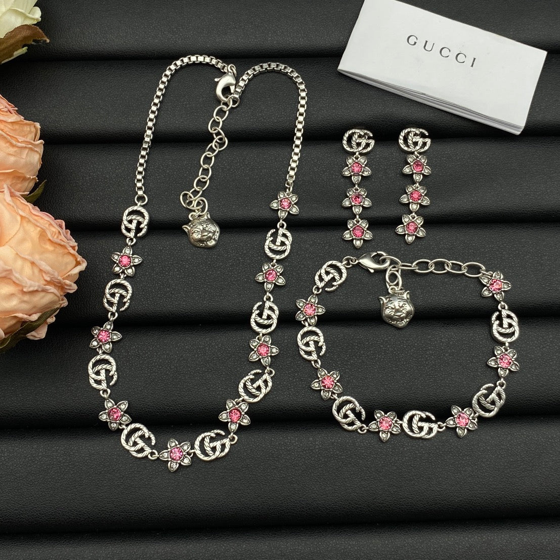 Vintage Pink Crystal Daisy Logo Full Jewelry Set