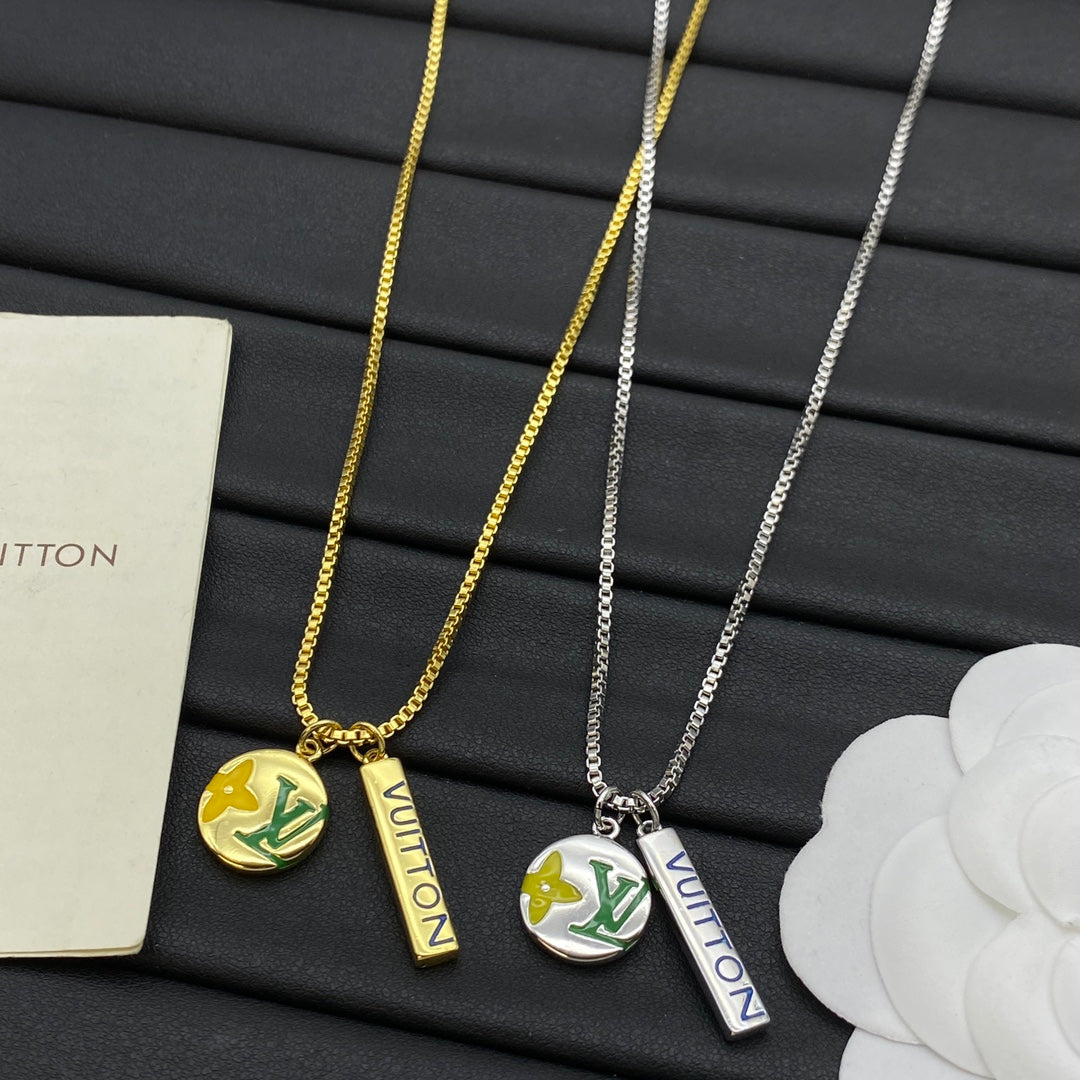 Enamel Coin & Bar Double Charm Box Chain Necklace