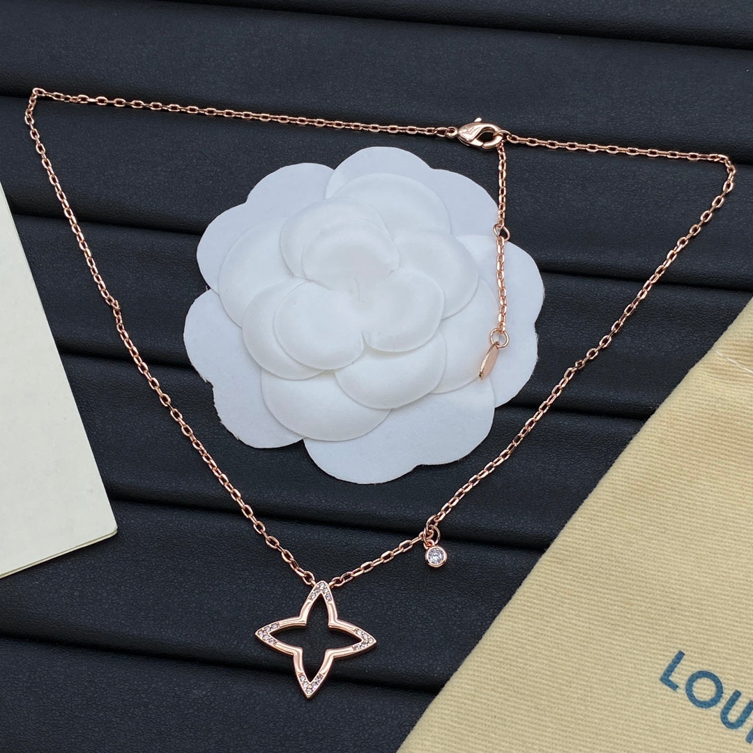 Open Four-Point Star & Solitaire CZ Drop Pendant Cable Chain Necklace