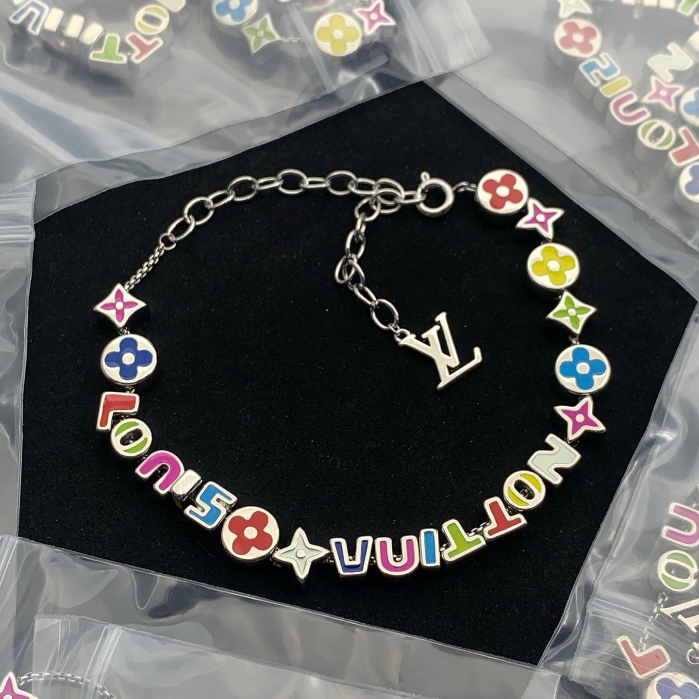 Multicolor Enamel Letter & Clover Charm Station Necklace – Colorful Logo Bead Chain