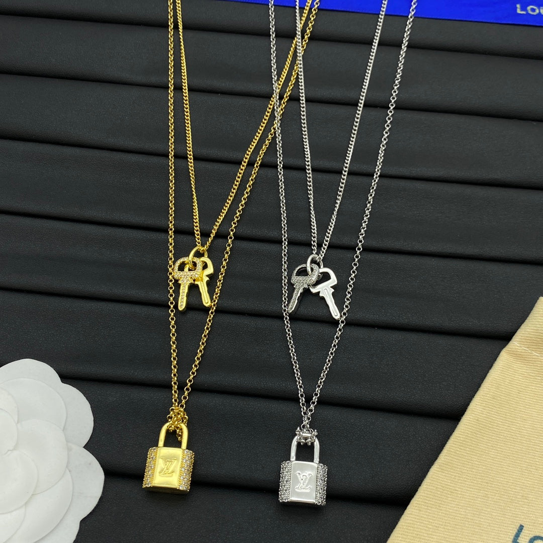 Pavé Lock & Key Double Chain Layered Necklace