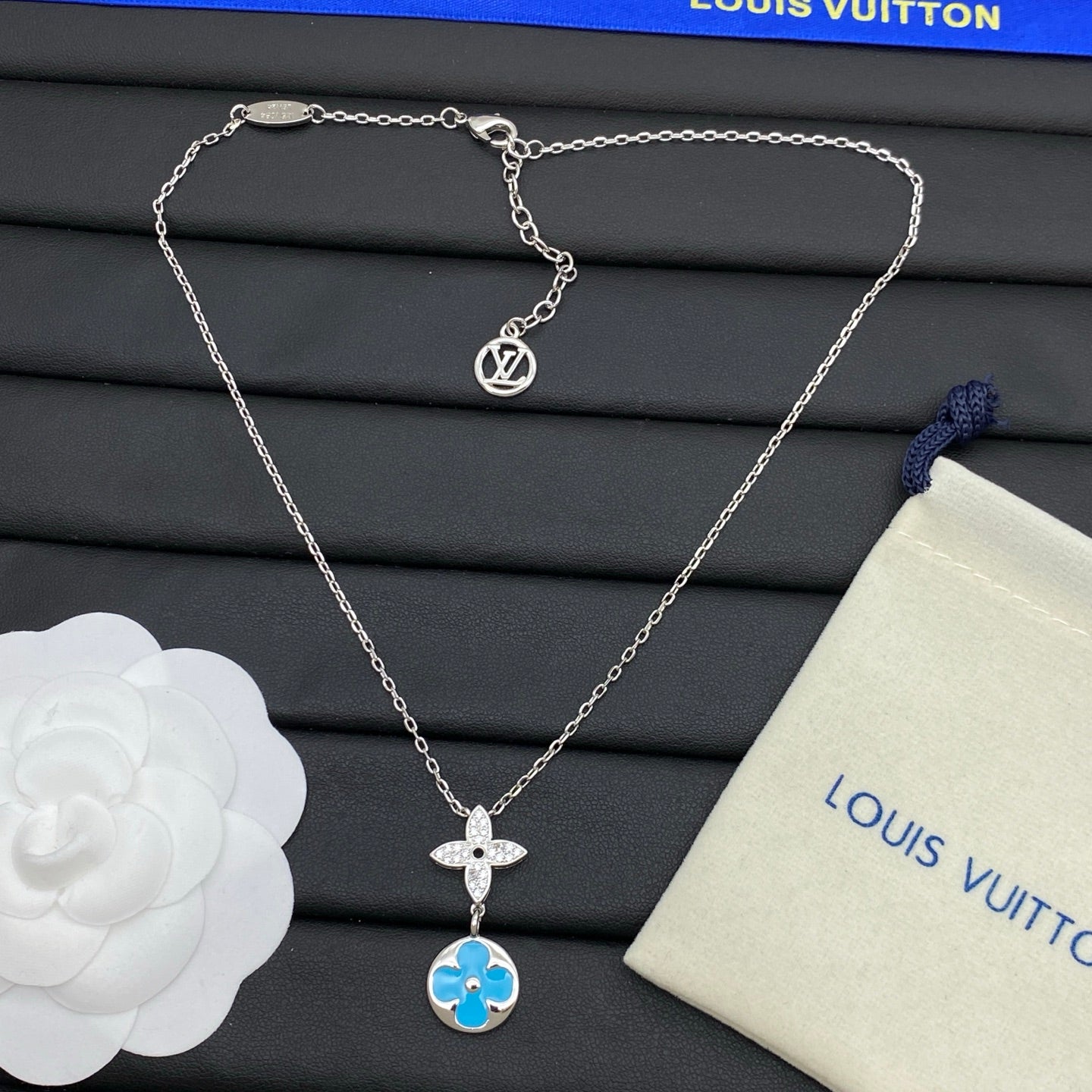 Crystal Four-Petal & Enamel Coin Double Pendant Necklace