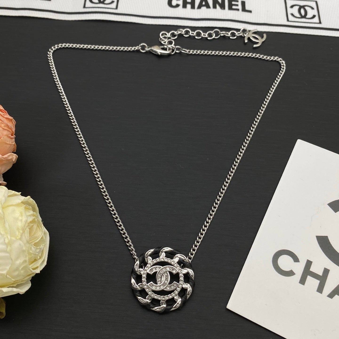 Leather & Chain Circle Pendant Necklace – Crystal Logo | 4 Colors