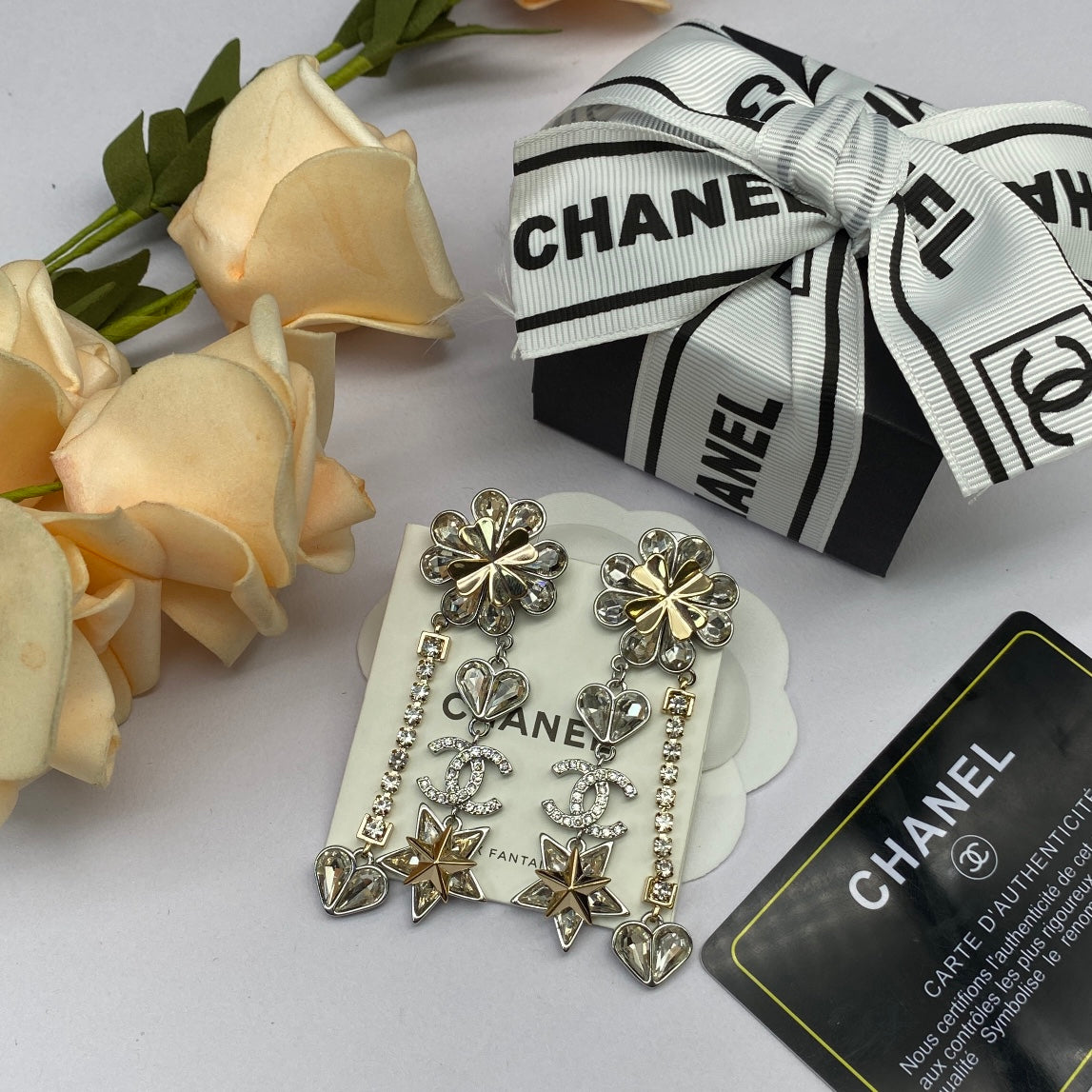 Crystal Bow Tennis Chain Necklace & Multi-Charm Drop Earring Set