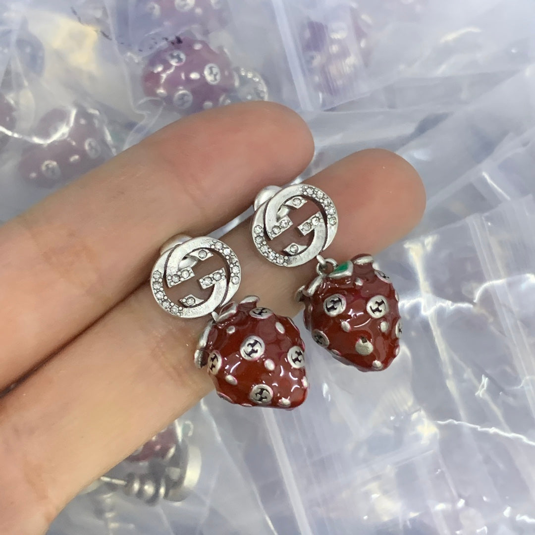 Burgundy Strawberry Jewelry Set with Silver Chain