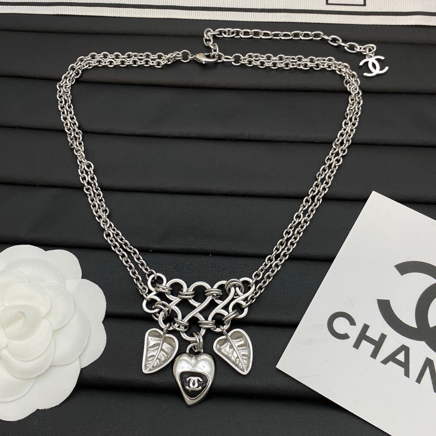 Double Chain Leaf & Heart Charm Necklace | Logo Heart Drop | Chunky Link Center | Gold & Silver Tone
