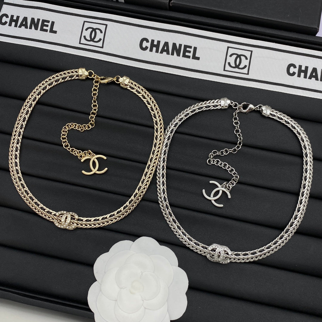 CC Pavé Wheat Braid Chain Choker Necklace – Gold & Silver