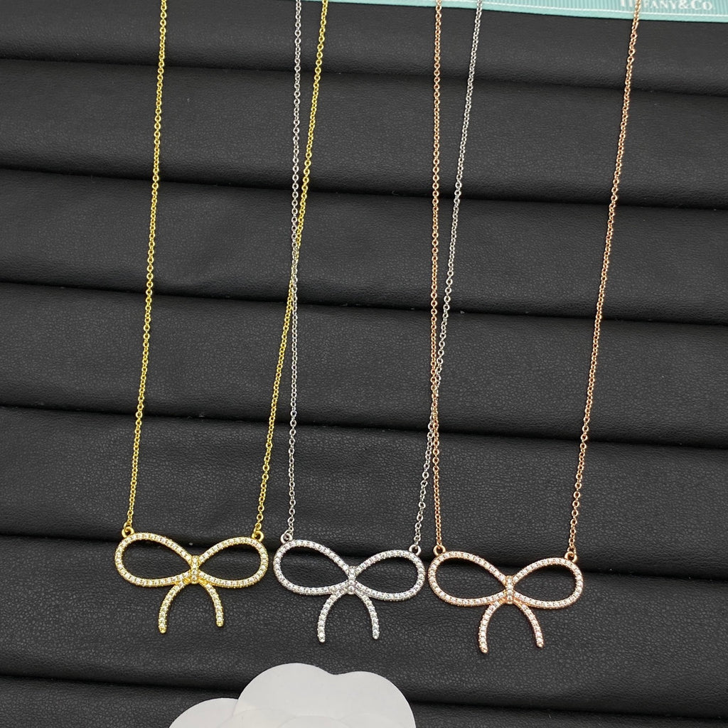 Pavé Crystal Open Bow Pendant Necklace – Gold, Silver & Rose Gold