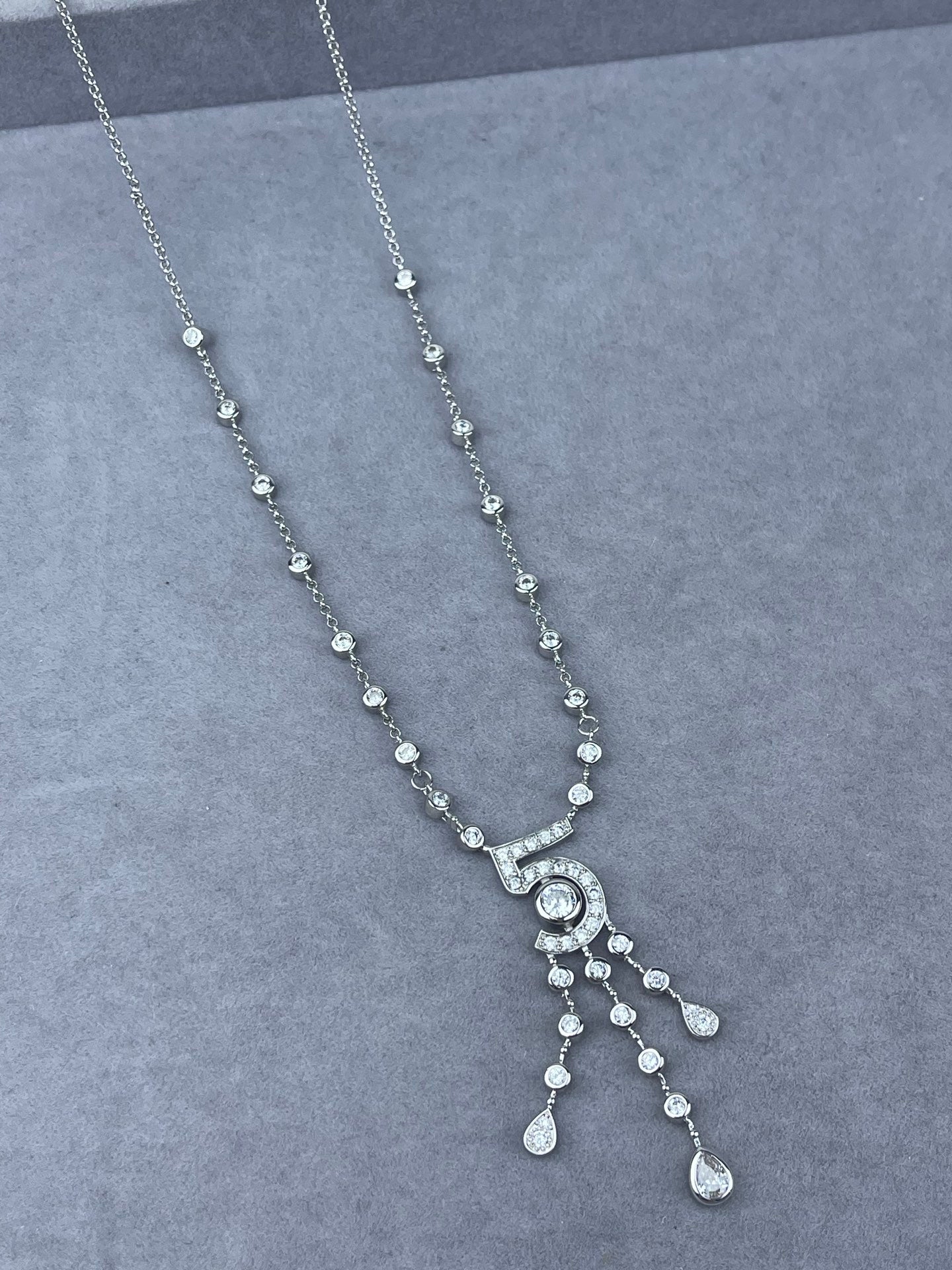 Crystal Bezel Station Chain Number Tassel Necklace