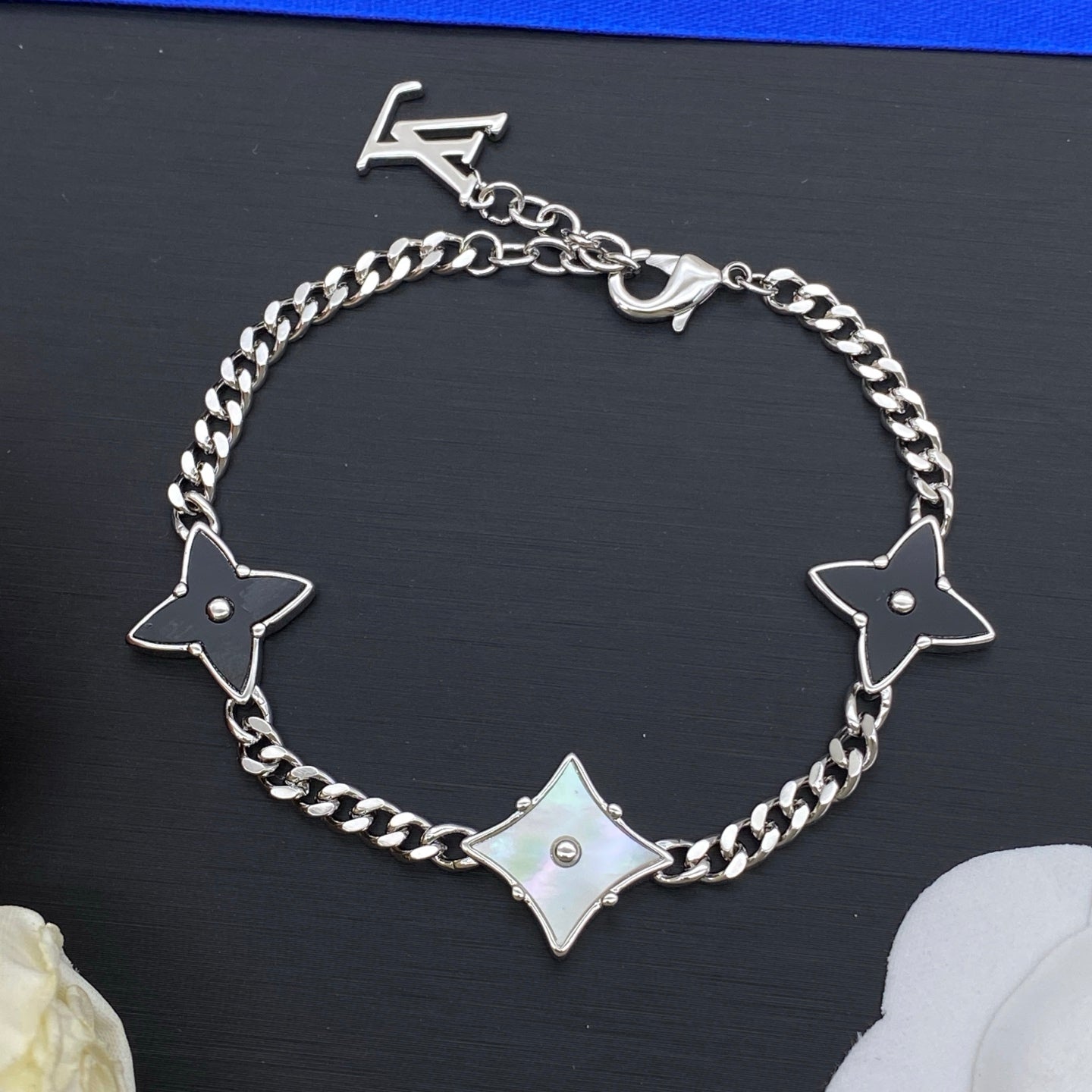 Black & White Enamel Star Flower Cuban Chain Necklace & Bracelet Set