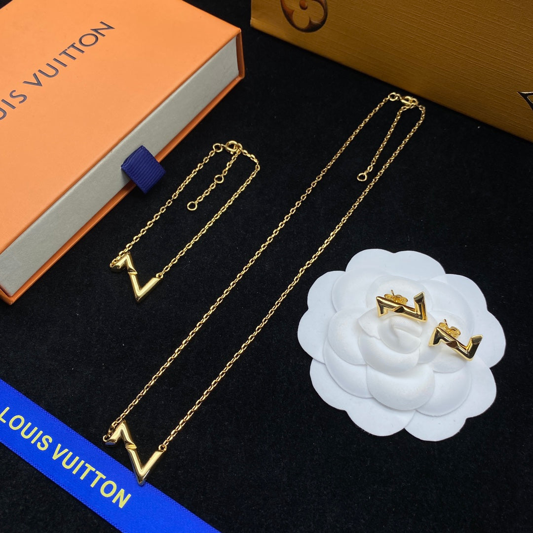 Gold V-Shape Monogram Necklace, Bracelet & Earring Set