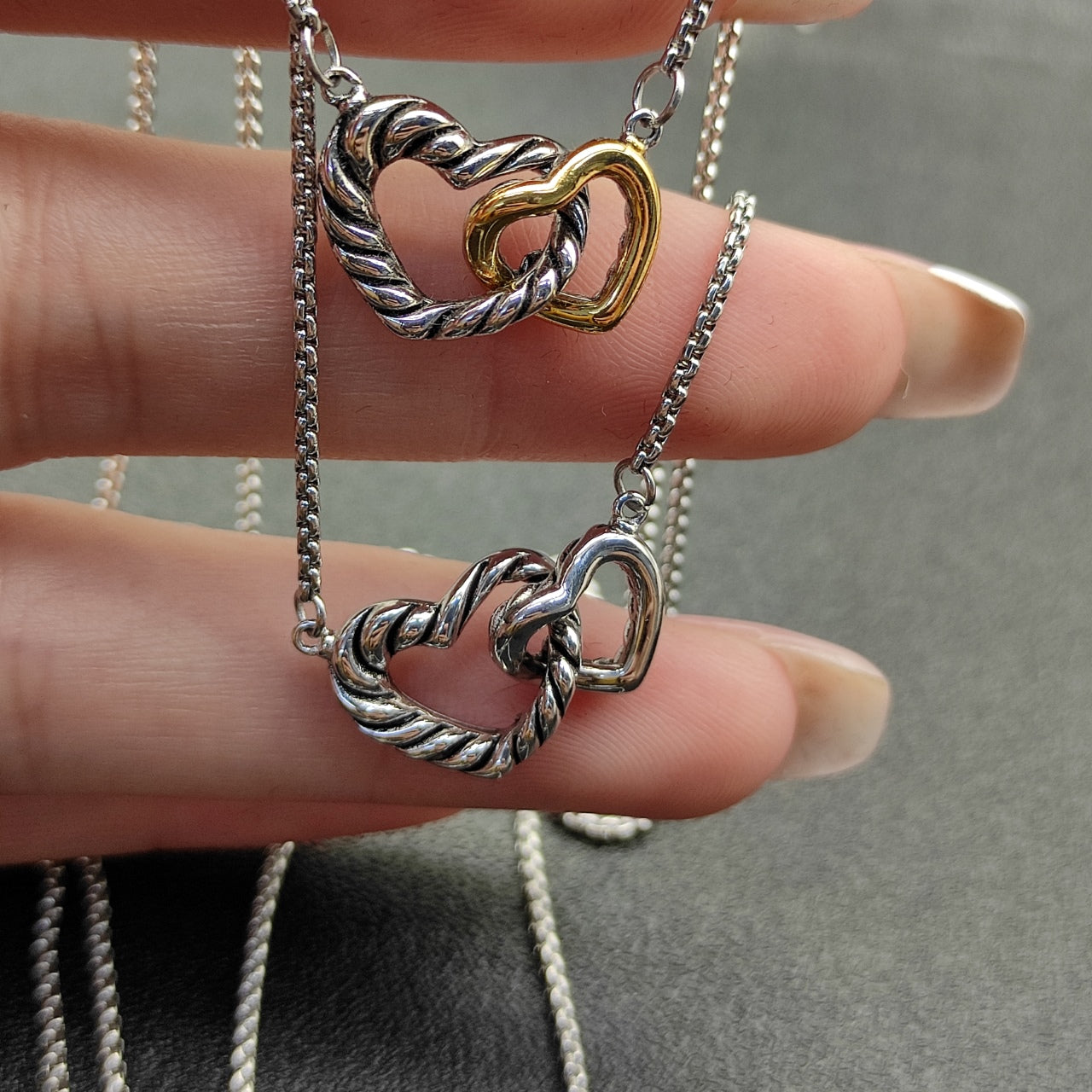 Twisted Cable Double Heart Interlocking Pendant Necklace