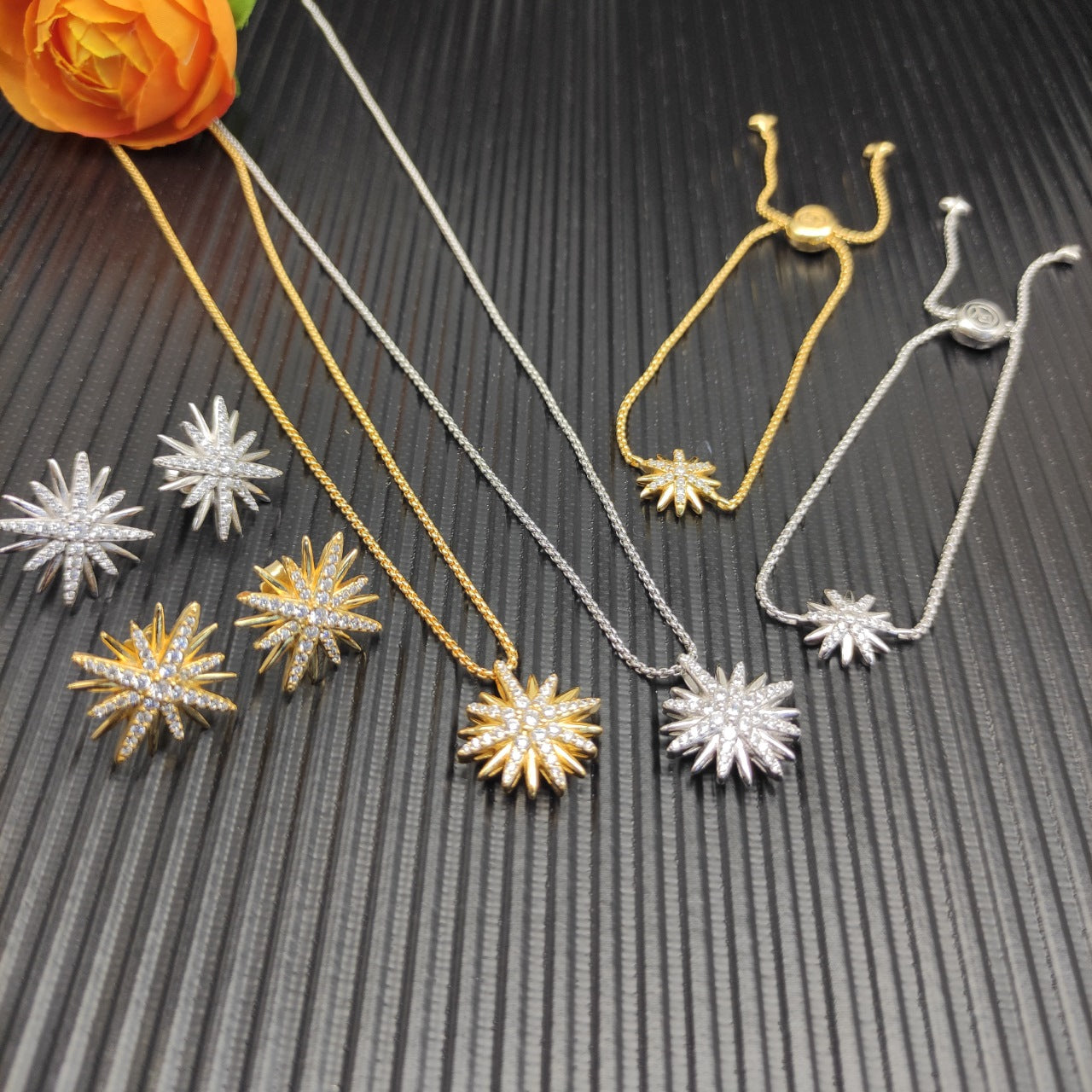 Celestial Starburst Pavé Jewelry Set – Gold & Silver