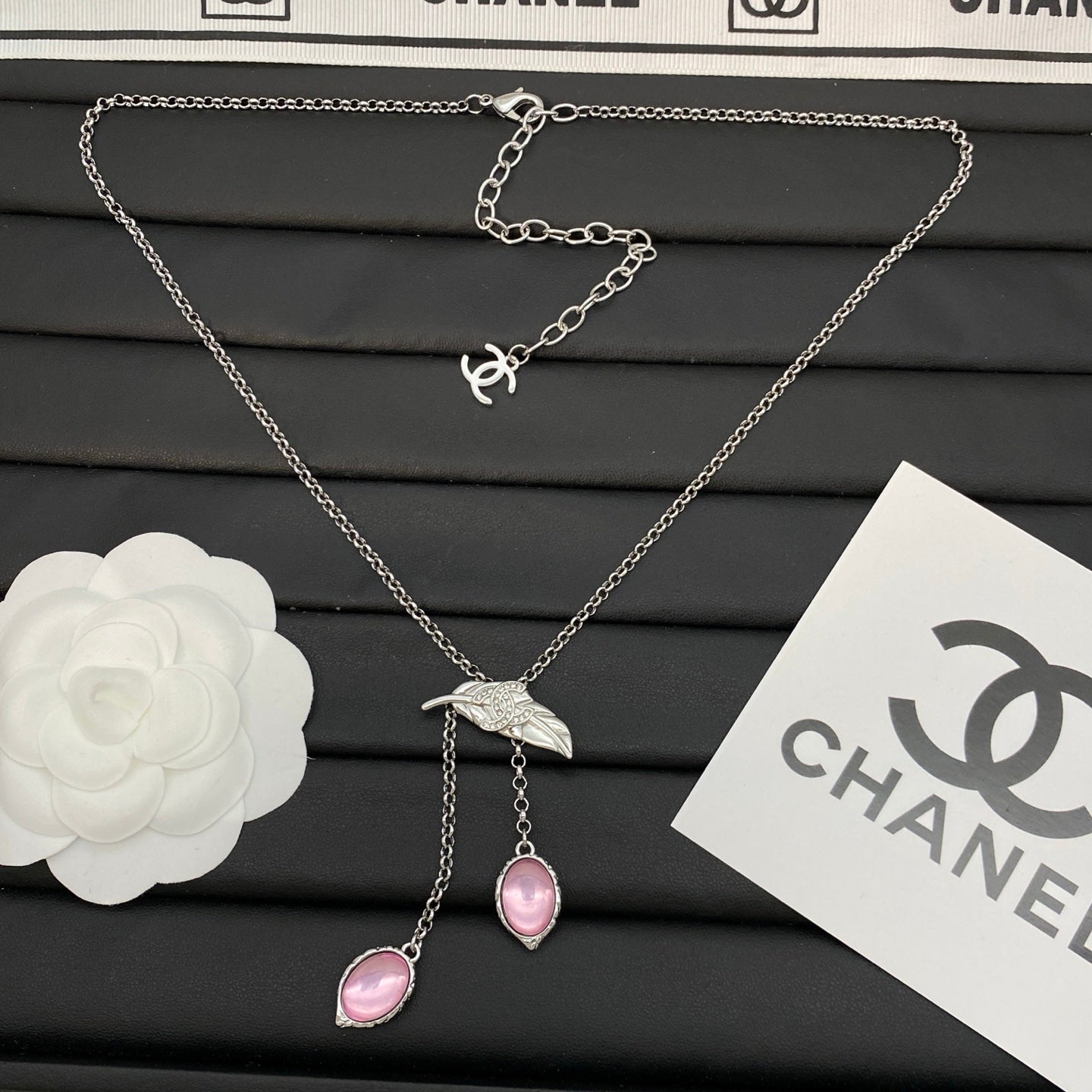 Leaf Logo Pendant Necklace | Pink Oval Stone Drop Tassel | Gold & Silver Tone
