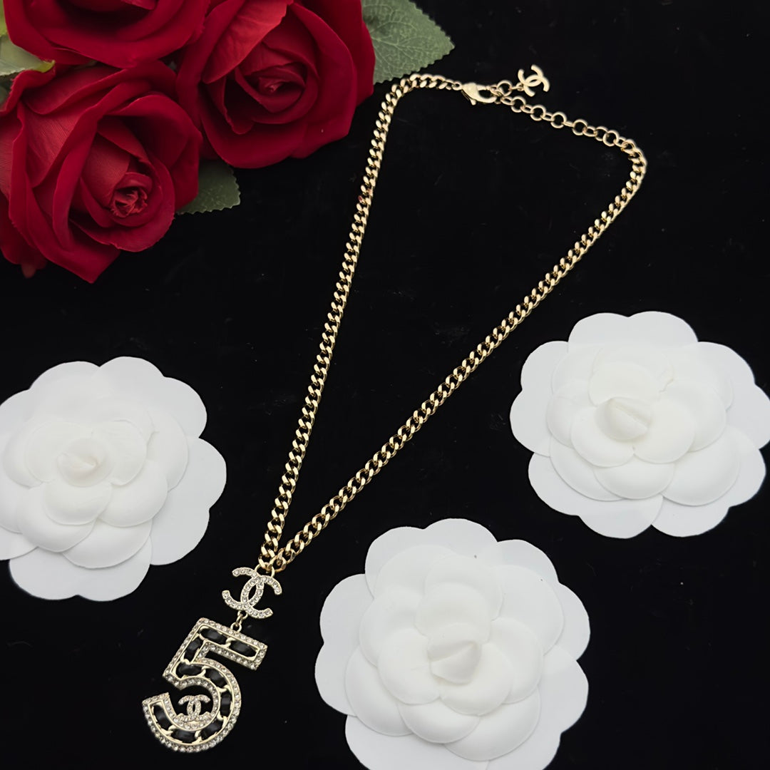 Crystal Number '5' Pendant Necklace Set – Pearl Strand & Gold Curb Chain with Matching Earrings