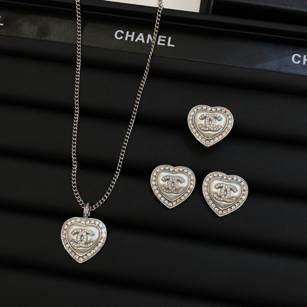 Crystal Halo Pearl Heart Pendant Necklace & Stud Earring Set