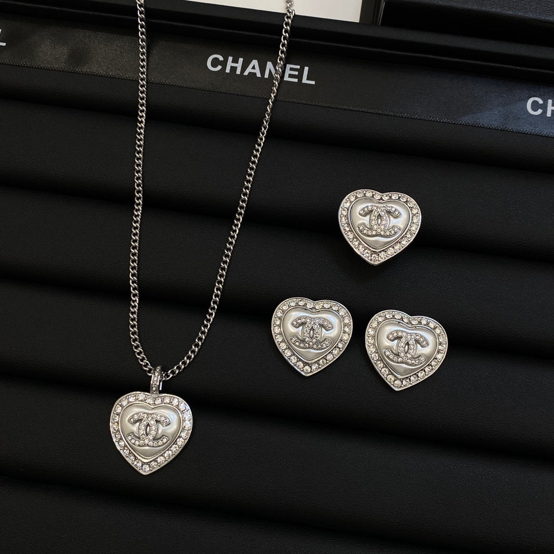 Crystal Halo Pearl Heart Pendant Necklace & Stud Earring Set