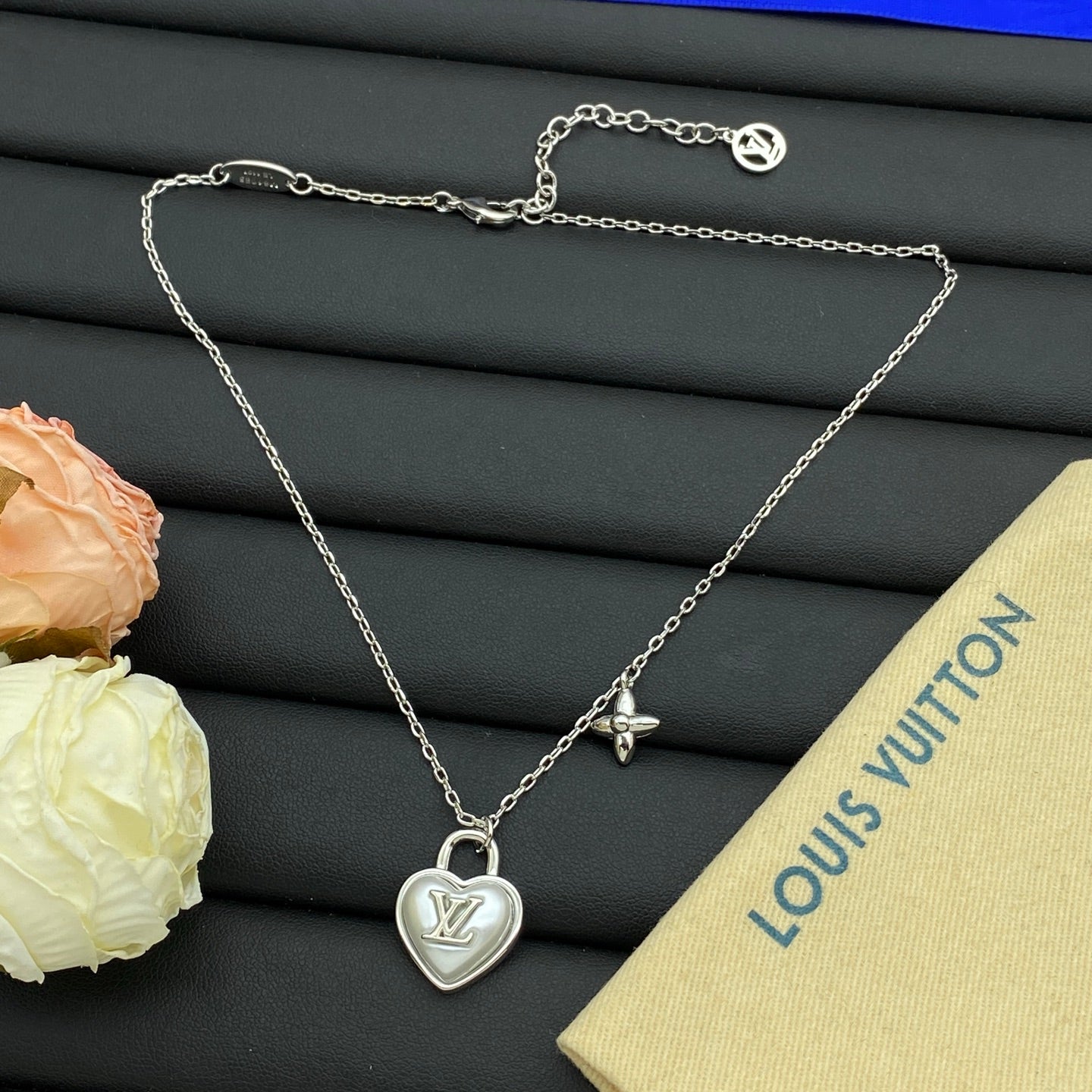 Mother-of-Pearl Heart Lock & Star Flower Charm Necklace & Earring Set
