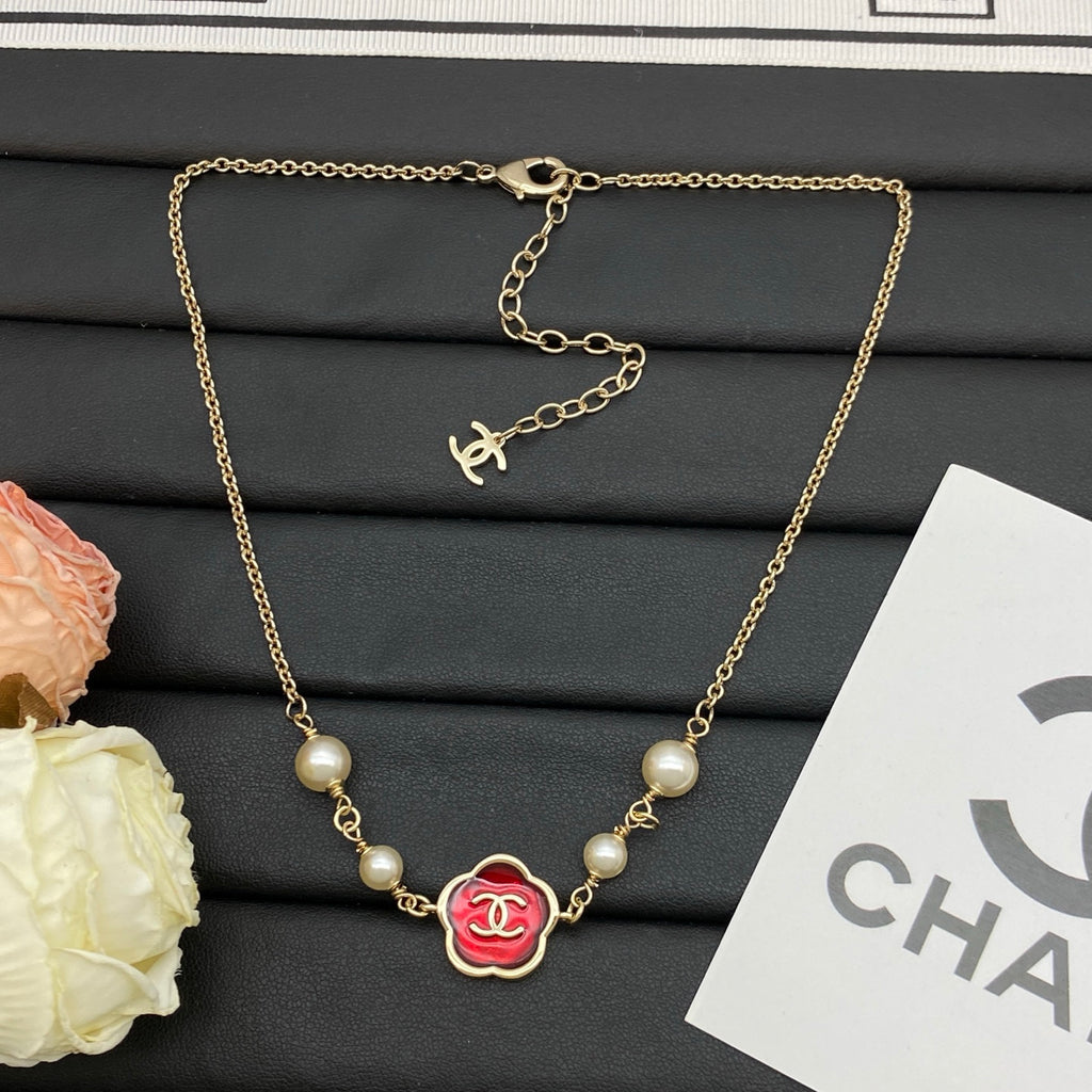Red Camellia Enamel Pearl Pendant Necklace