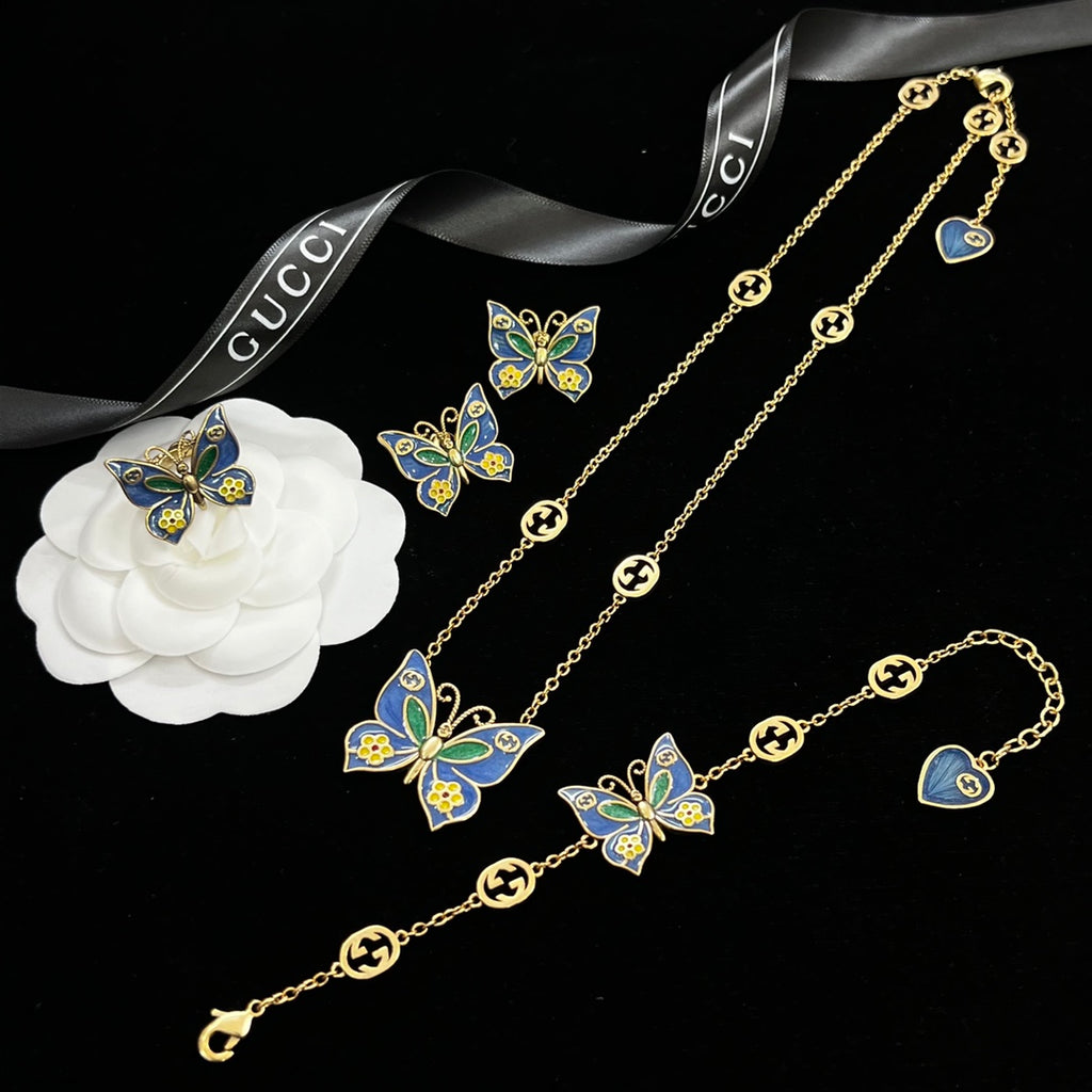 Vintage Cloisonné Butterfly Logo Chain Full Jewelry Set