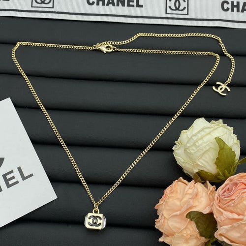 CC Logo Cube Pendant Curb Chain Necklace