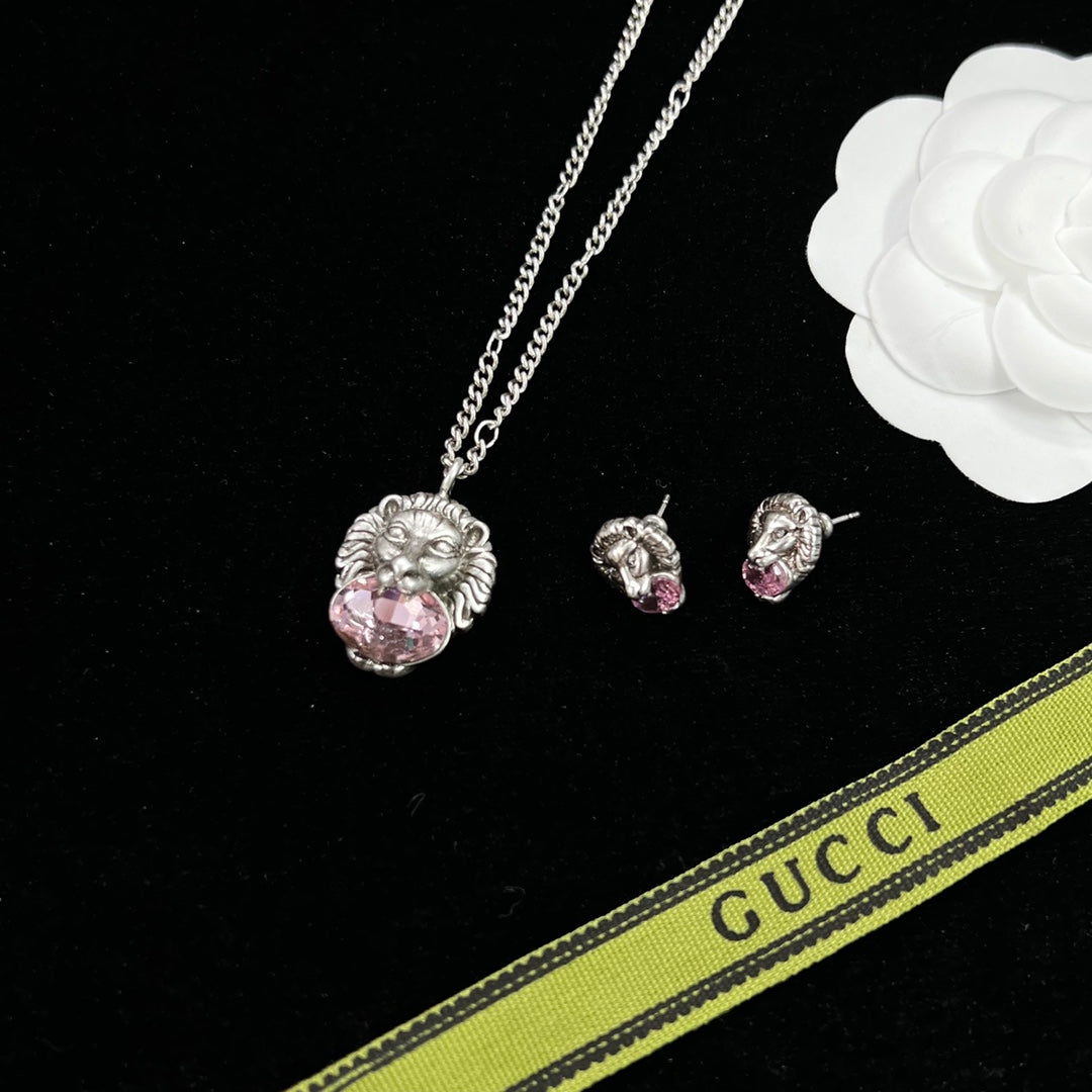 Silver Lion Head Crystal Jewelry Set