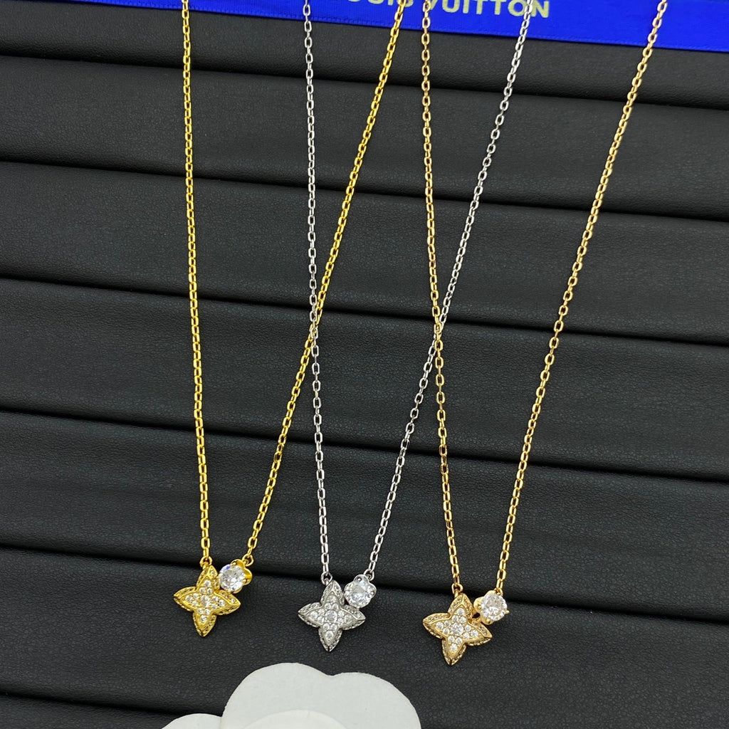 Dainty Pavé Four-Petal Flower & CZ Drop Pendant Necklace