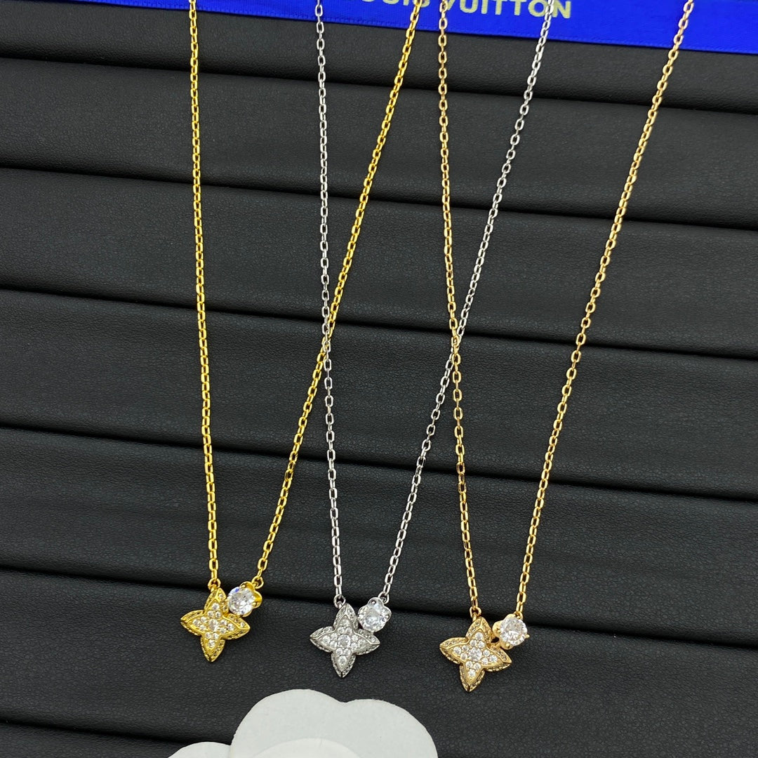 Dainty Pavé Four-Petal Flower & CZ Drop Pendant Necklace
