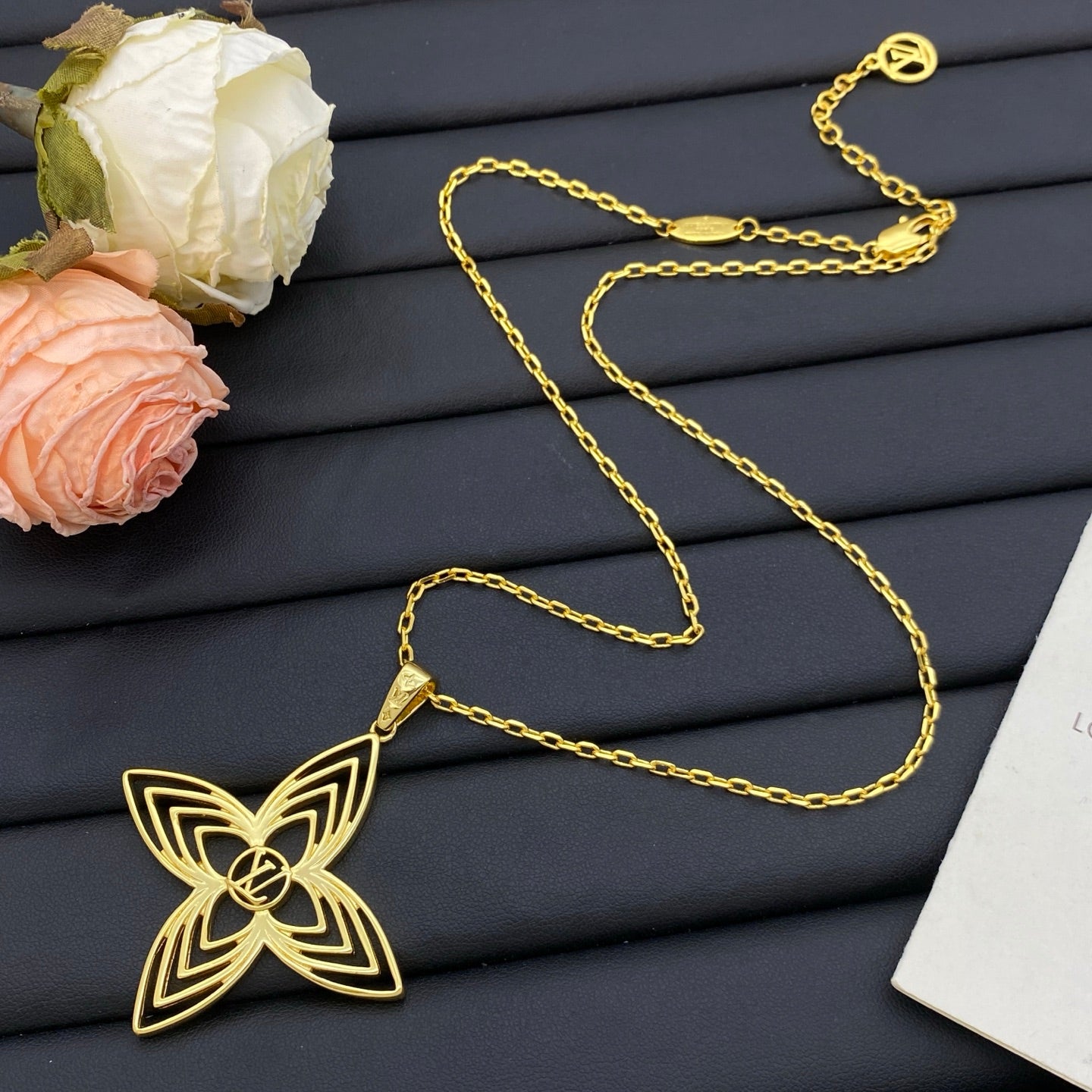Oversized Hollow Four-Petal Flower Pendant Long Necklace