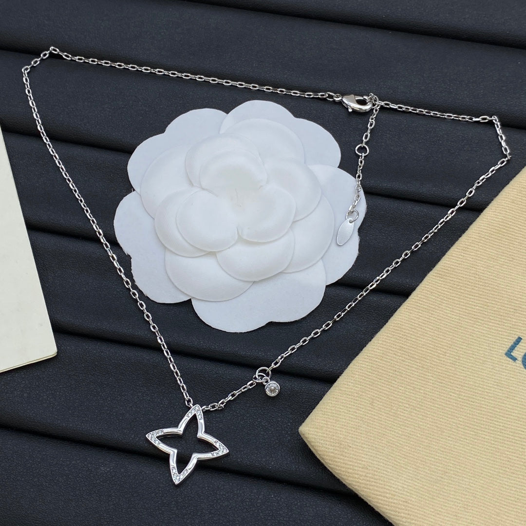 Open Four-Point Star & Solitaire CZ Drop Pendant Cable Chain Necklace