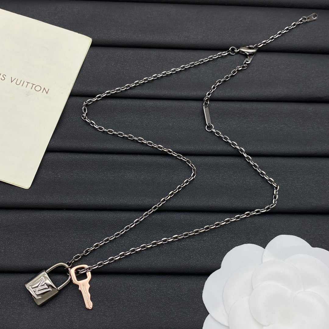 Mini Padlock & Key Double Charm Cable Chain Necklace