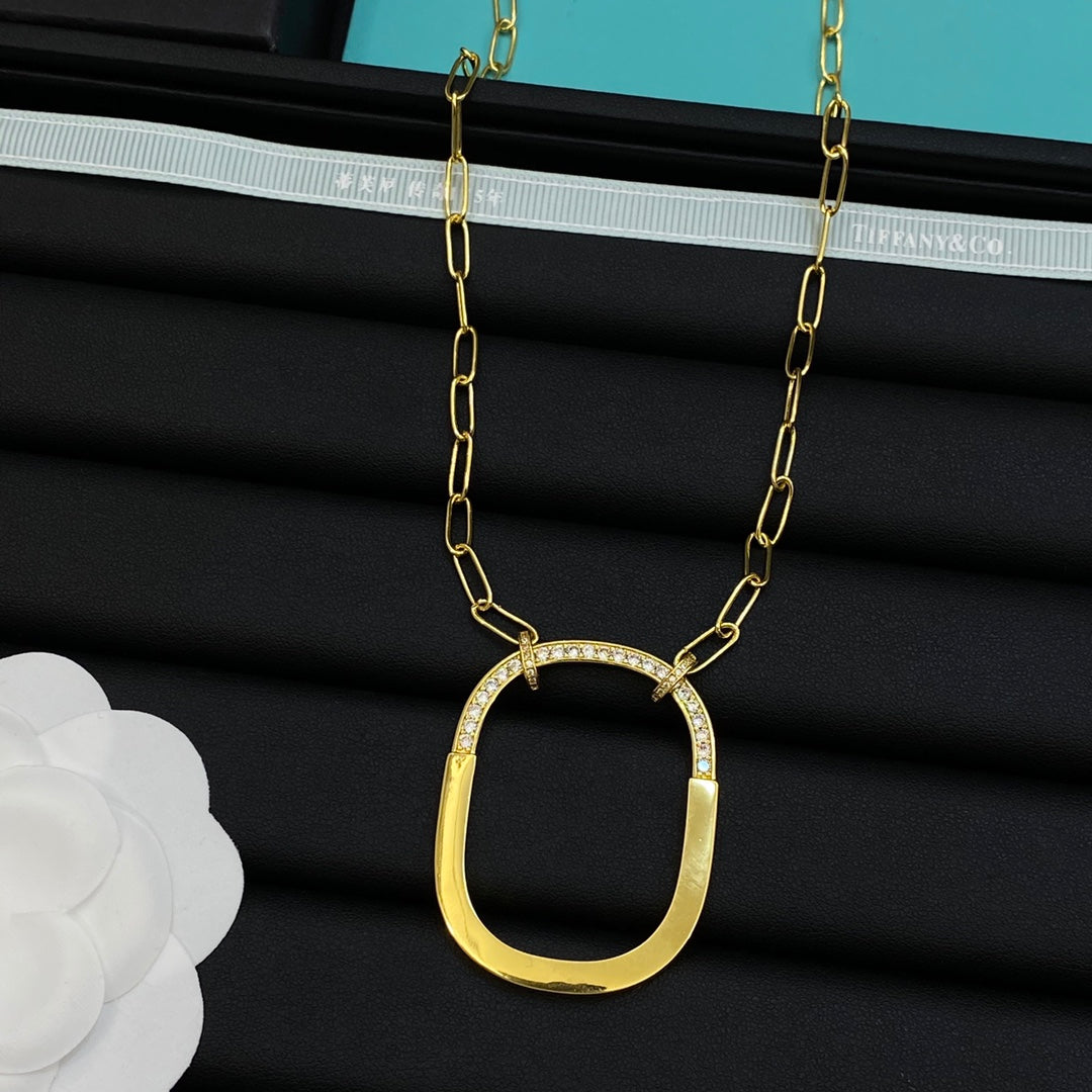Half Pavé Half Polished Rounded Square Open Pendant Paperclip Chain Necklace – Gold, Rose Gold & Silver
