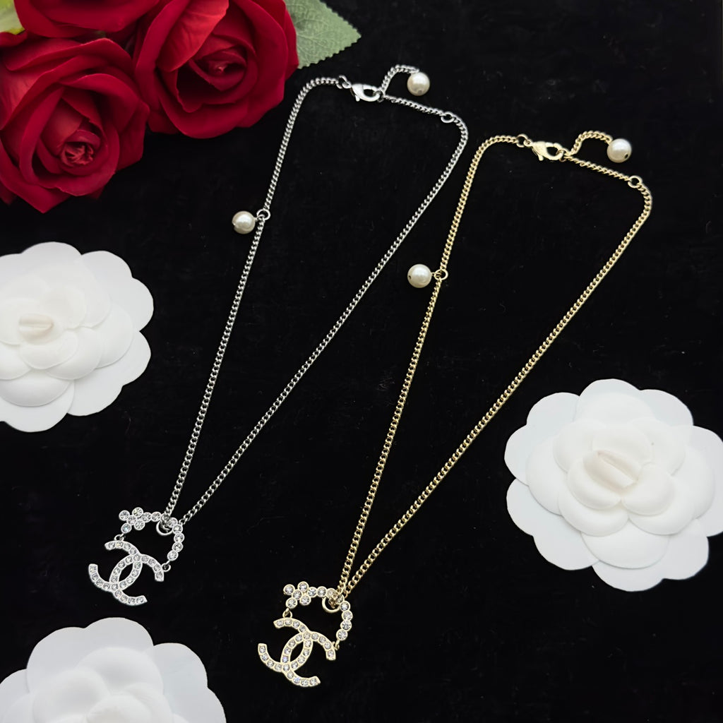 Crystal Interlocking Double-C Charm Curb Chain Necklace with Pearl Accent