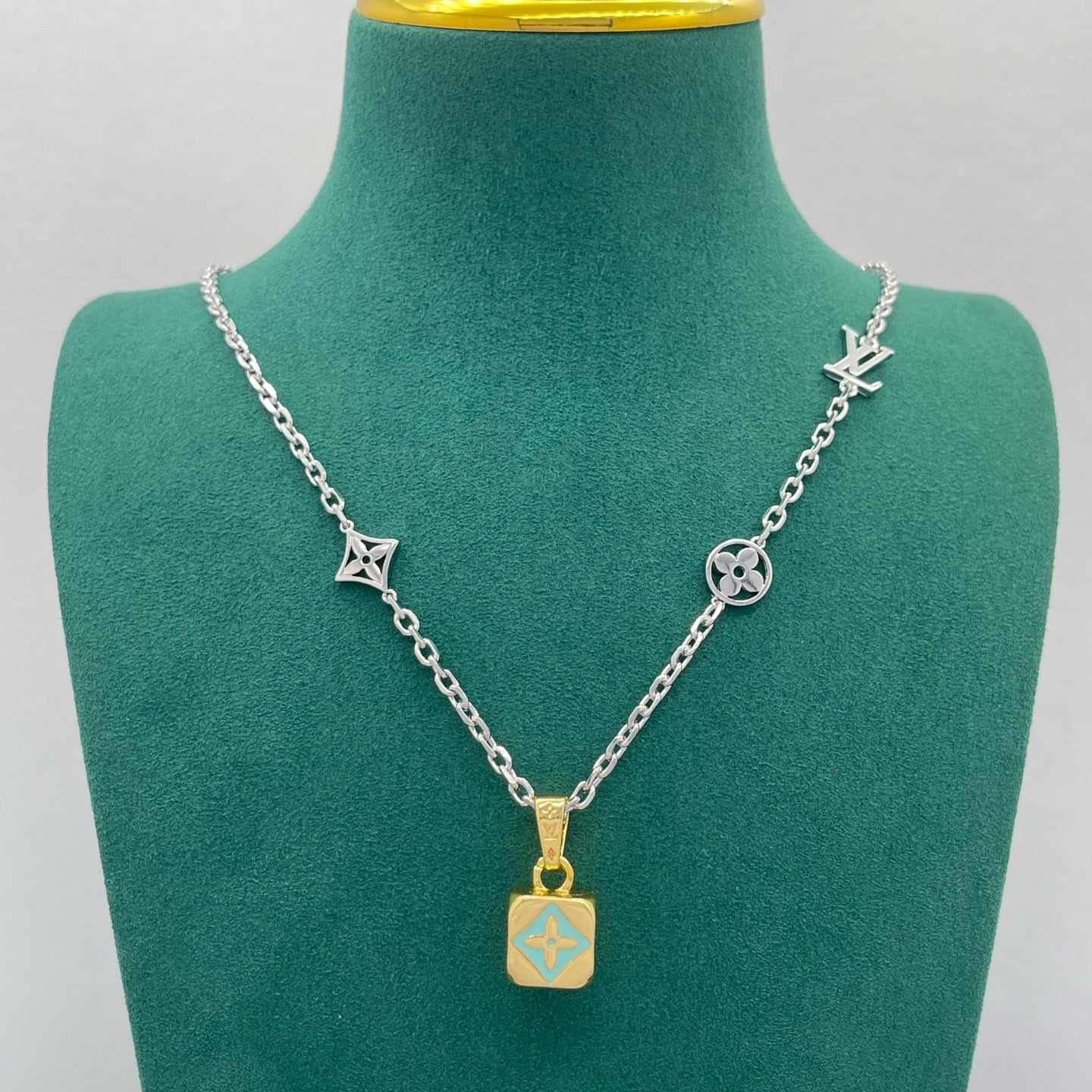 Floral Cube Charm Station Chain Necklace