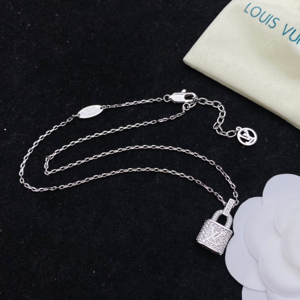 Iced Out Rhinestone Logo Lock Charm Necklace & Dangle Earrings