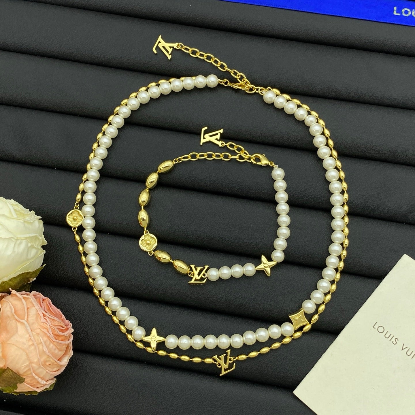 Faux Pearl & Oval Bead Star Flower Charm Necklace & Bracelet Set